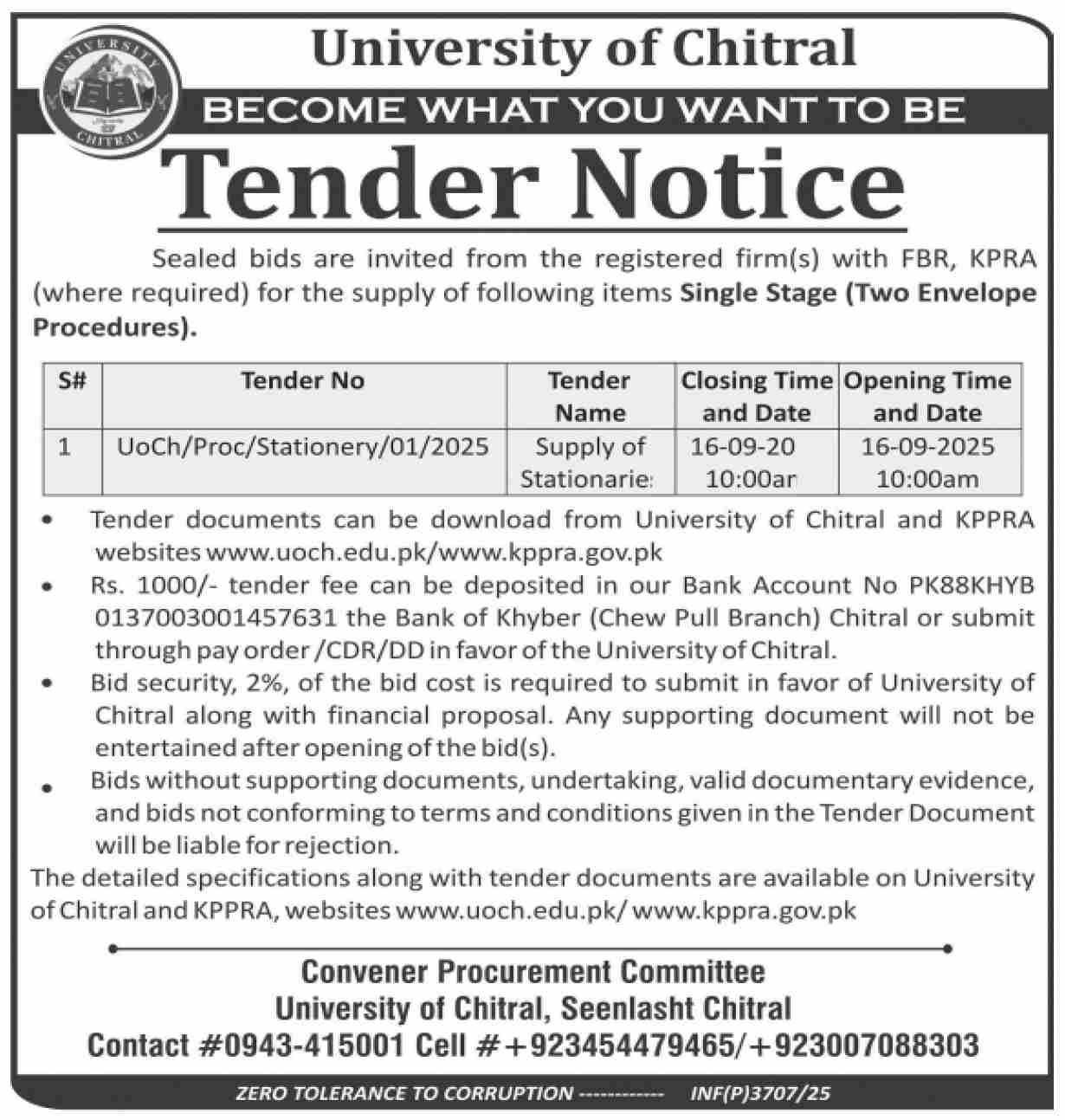 University of Chitral Tender Notice